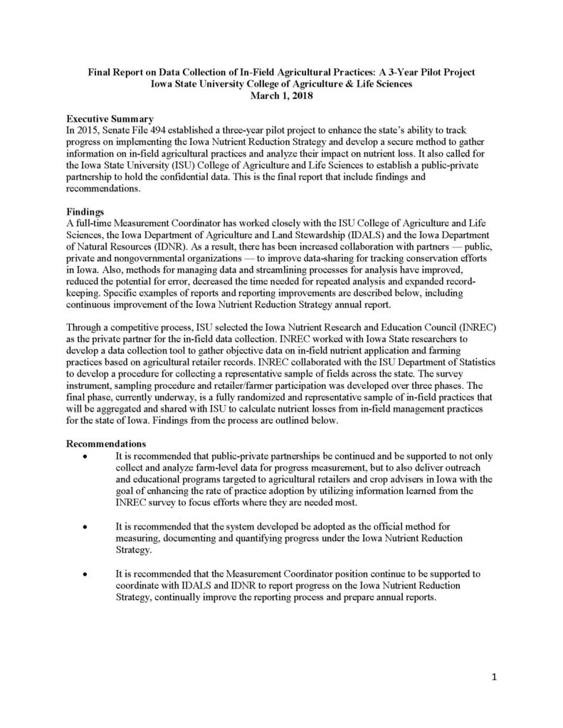 Final Report on Data Collection of In-Field Agricultural Practices: A 3-Year Pilot Project Iowa State University College of Agriculture & Life Sciences