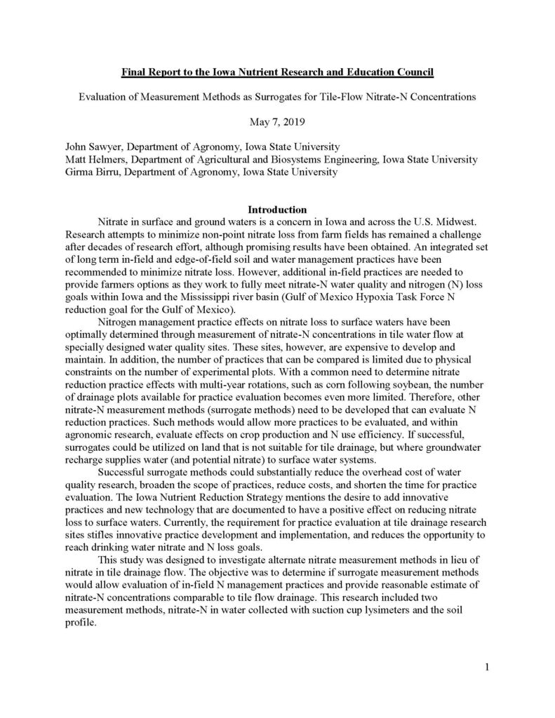 Evaluation of Measurement Methods as Surrogates for Tile-Flow Nitrate-N Concentrations